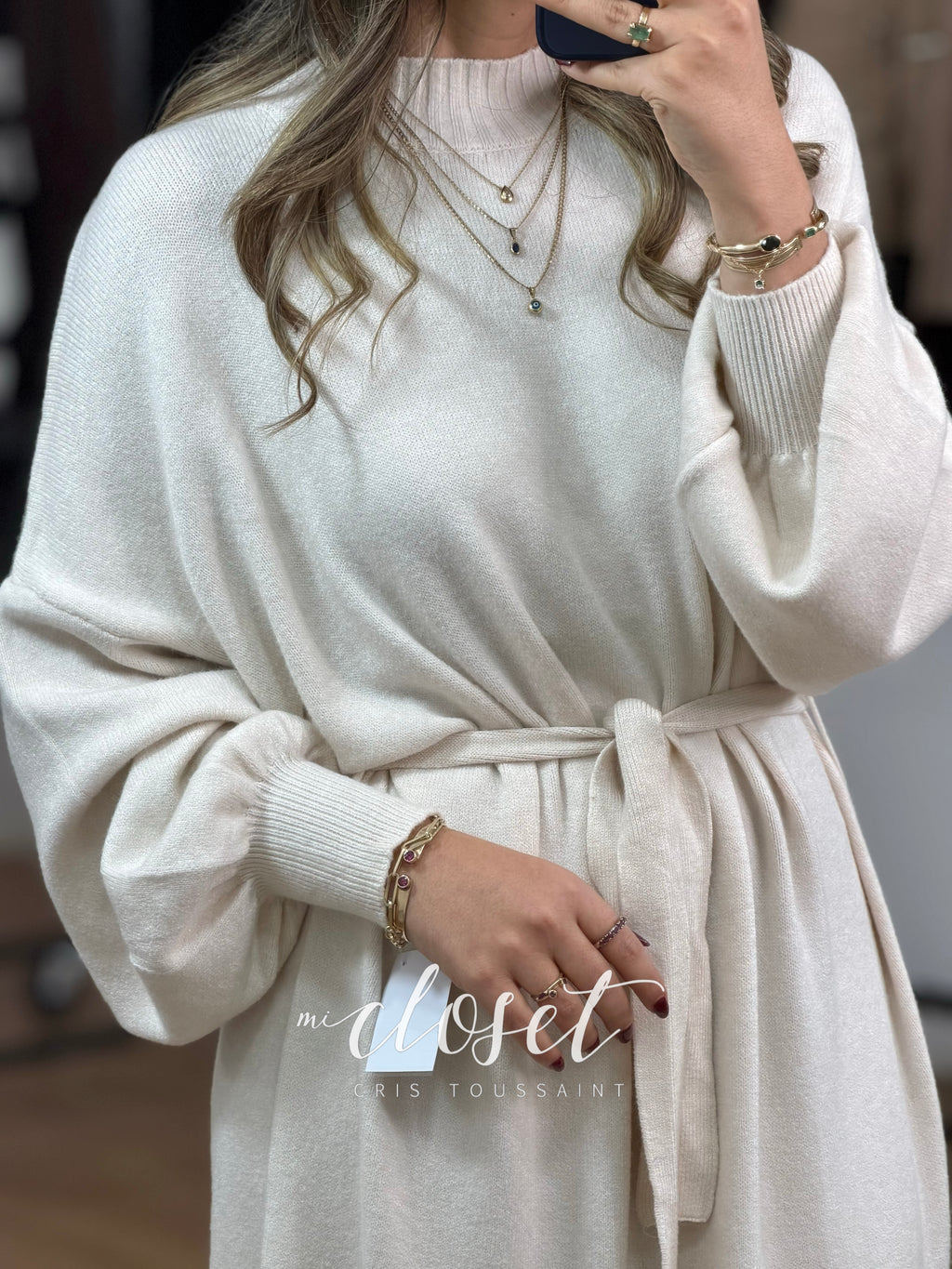 MAXI SWEATER OVERSIZED SÚPER SUAVE MANGA GLOBO 3/4 CON CINTA AJUSTABLE