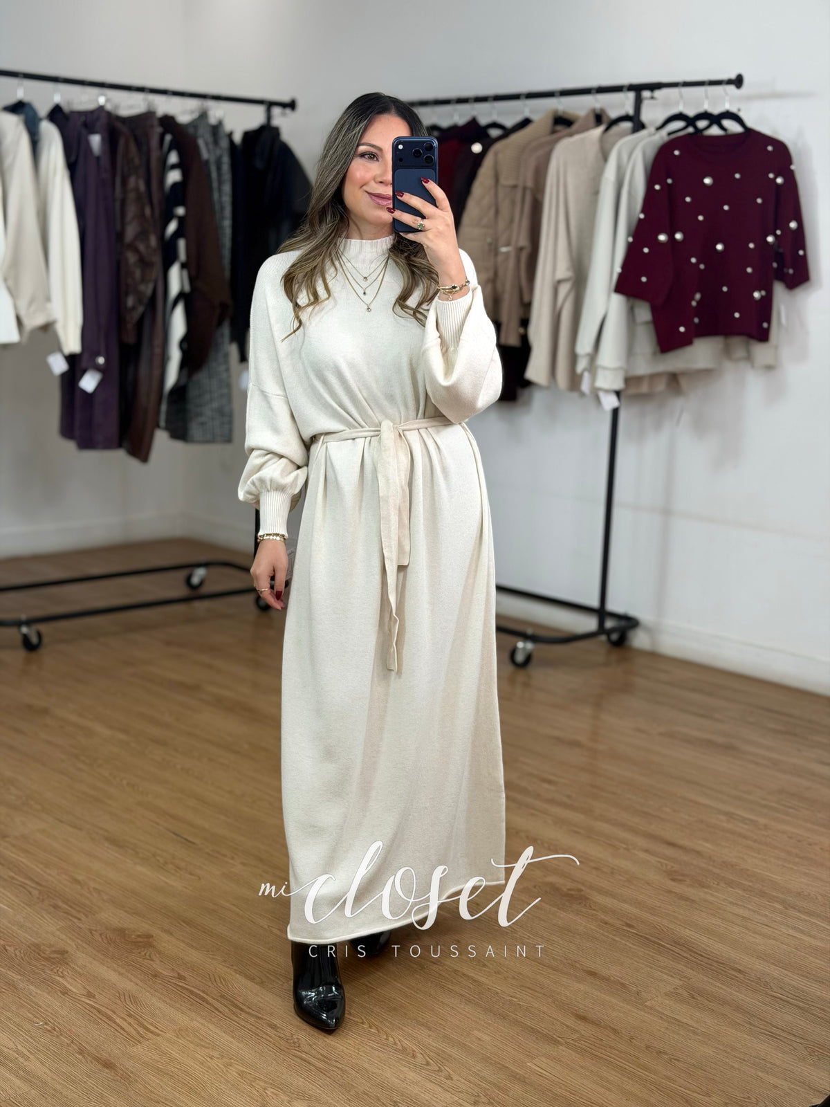 MAXI SWEATER OVERSIZED SÚPER SUAVE MANGA GLOBO 3/4 CON CINTA AJUSTABLE