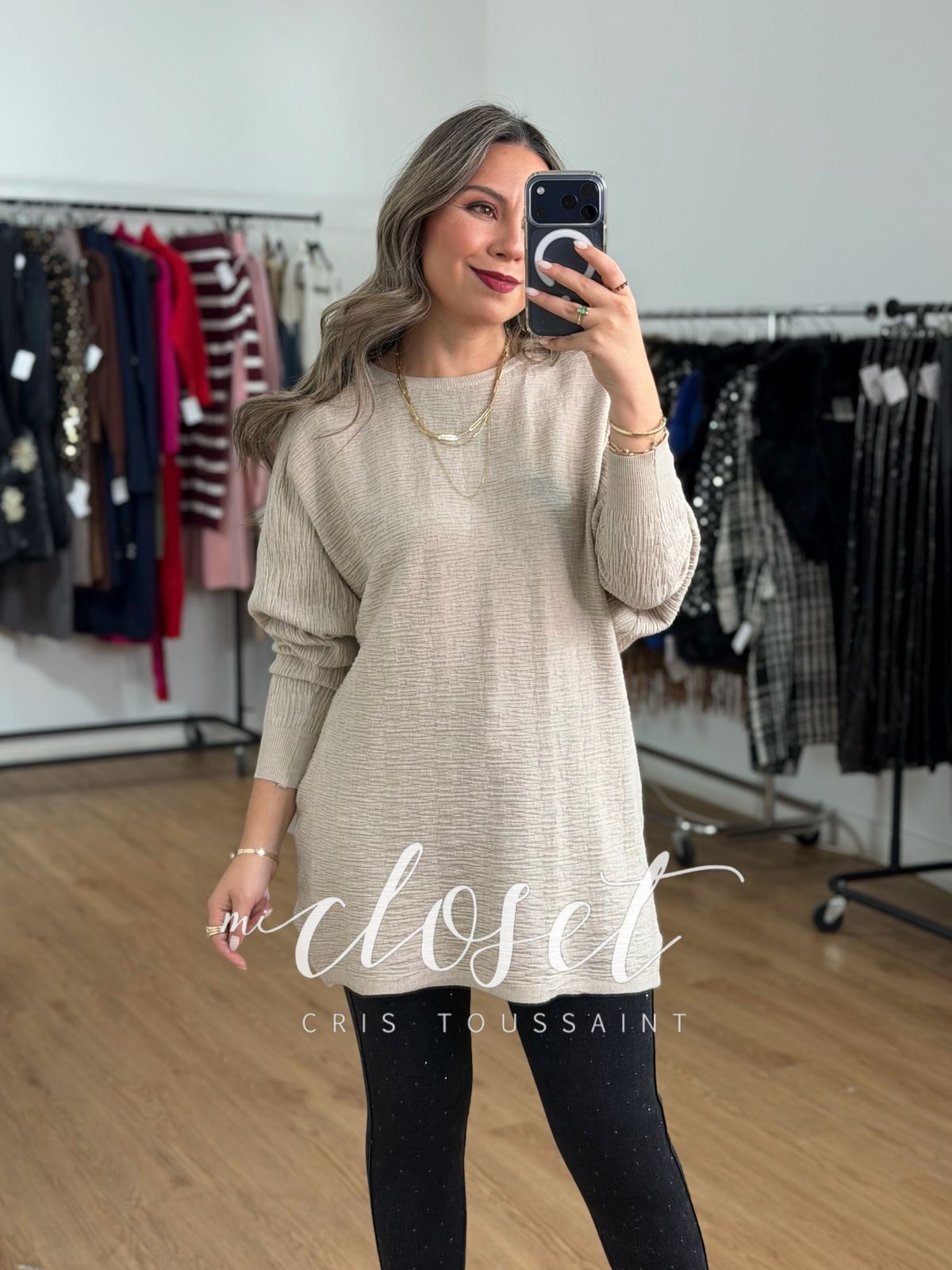 SWEATER LARGO OVERSIZED CON MANGA MURCIÉLAGO TEXTURA