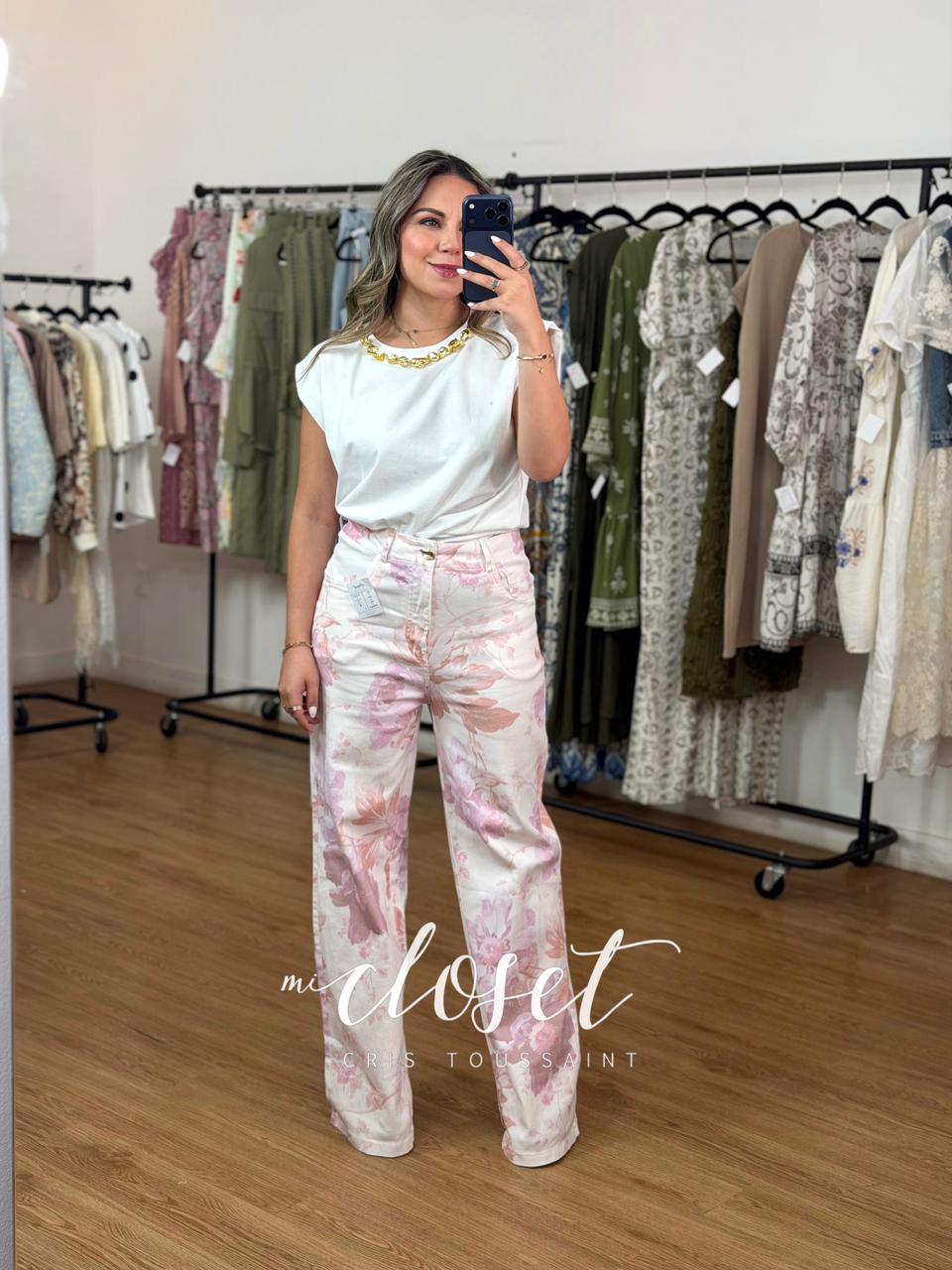 JEANS STRETCH RECTOS, ESTAMPADO DE FLORES